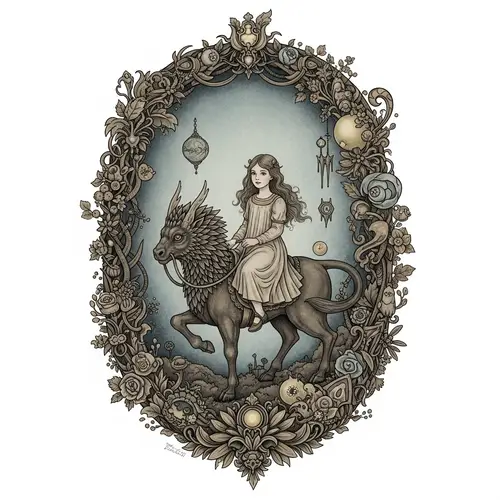 Intricate Lithograph: Girl Riding Mythical Creature in Dream Landscape