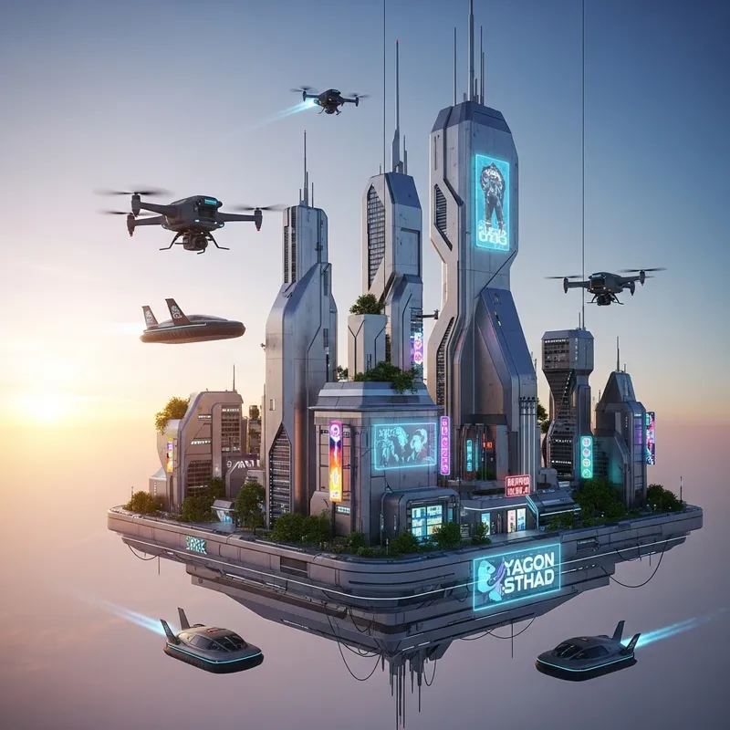 Futuristic Cityscape - Drones, Hovercraft, and Neon Signs