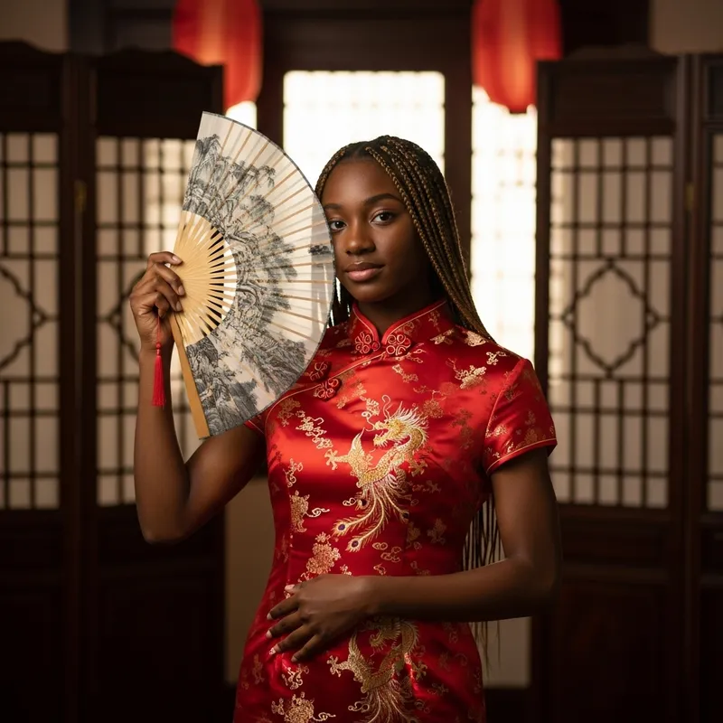 Elegant American Girl in Red Silk Dress Elegant American Girl in Red Silk Dress