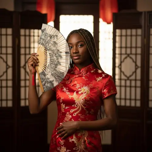 Elegant American Girl in Red Silk Dress