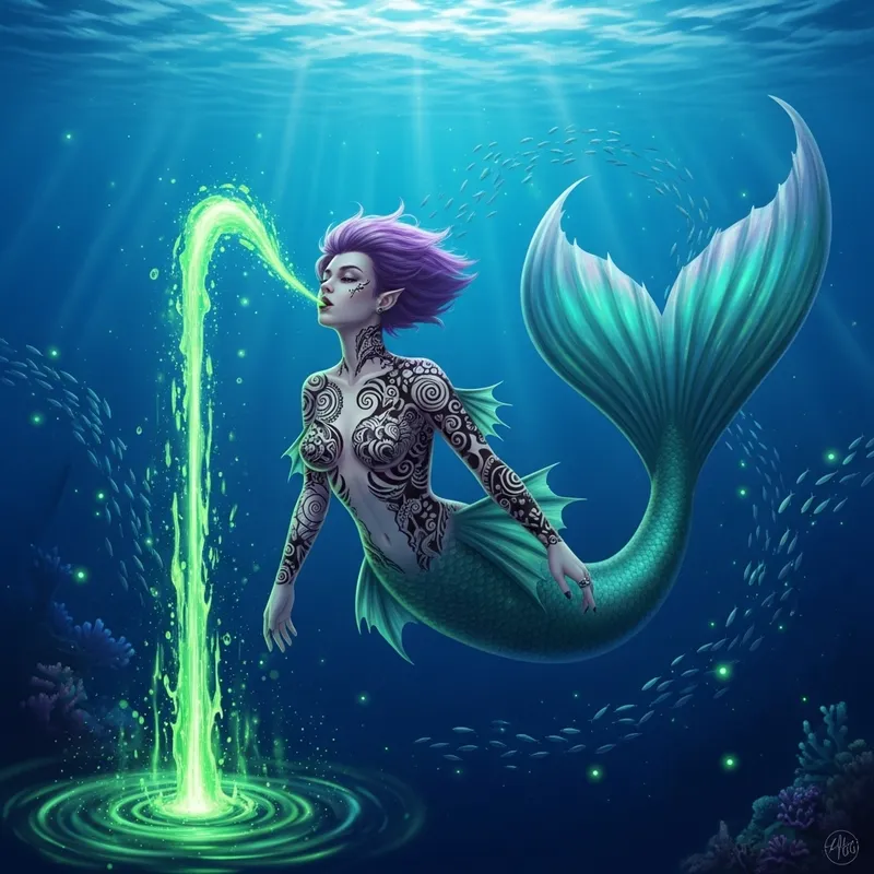 Mystical Purple-Haired Mermaid with Tattoos Spitting Green Liquid Mystical Purple-Haired Mermaid with Tattoos Spitting Green Liquid