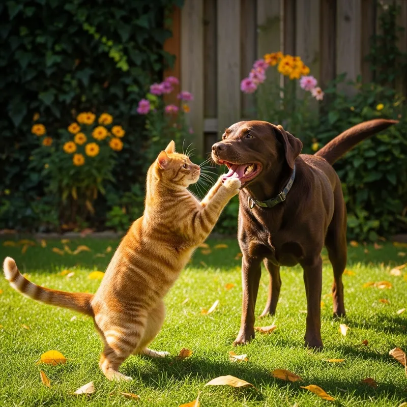 Adorable Cat and Dog Playtime in the Backyard