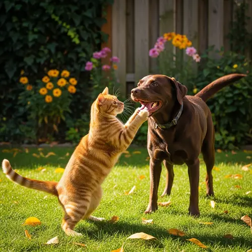 Adorable Cat and Dog Playtime in the Backyard