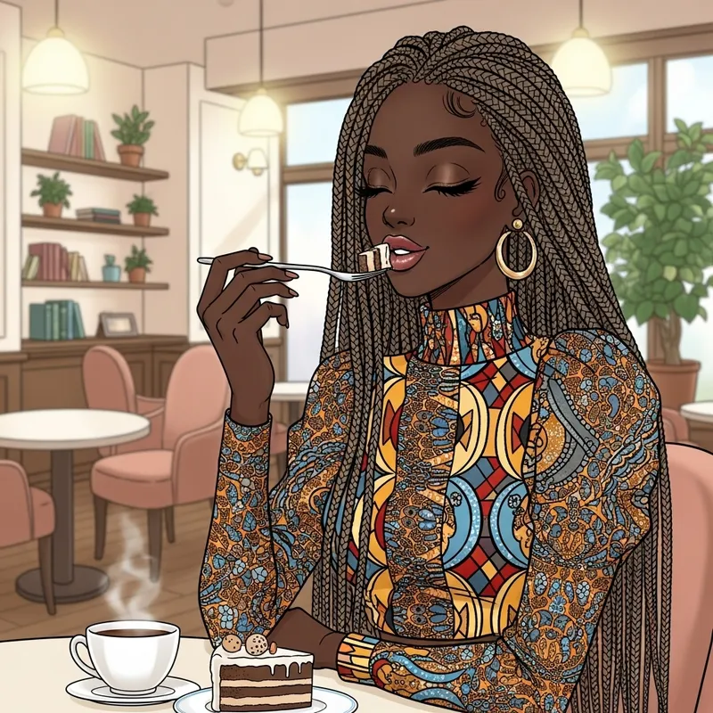 Stylish Black Girl with Long Braids Eating Cake in Cafe