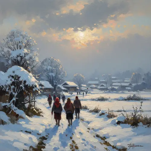 Snowy Winter Day in Itot Lalru: Impressionistic Artwork