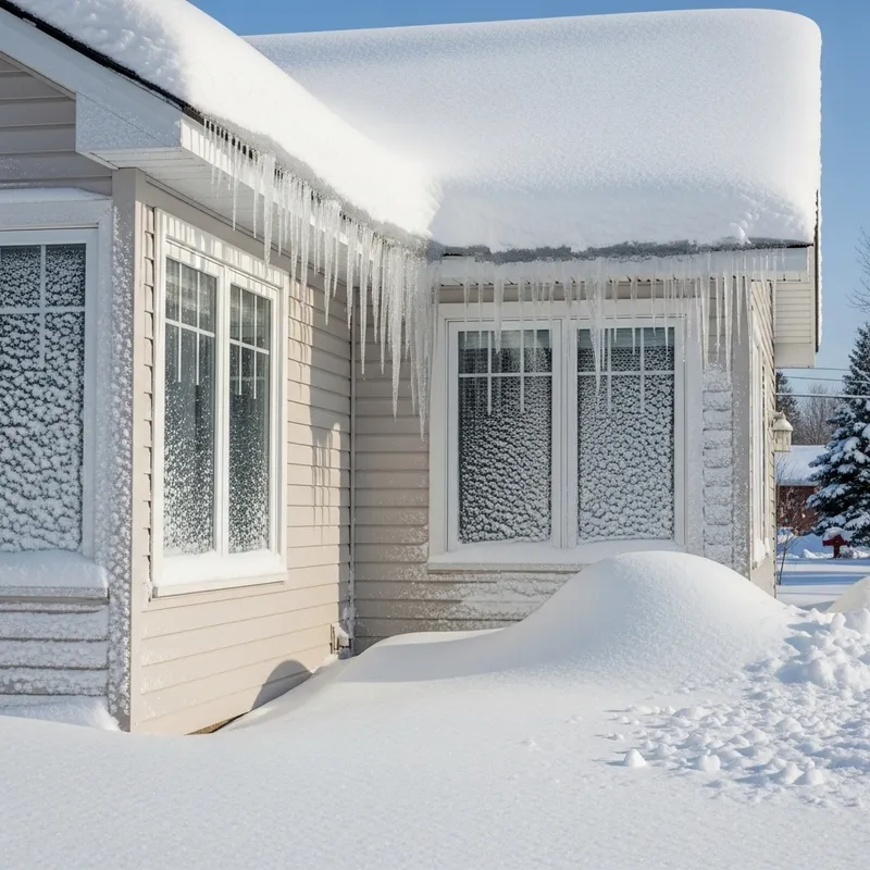 Snow-Covered House with Icicles: A Winter Scene