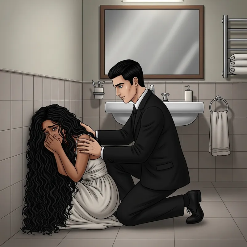 Illustration of Distressed Woman Comforted in Bathroom Scene