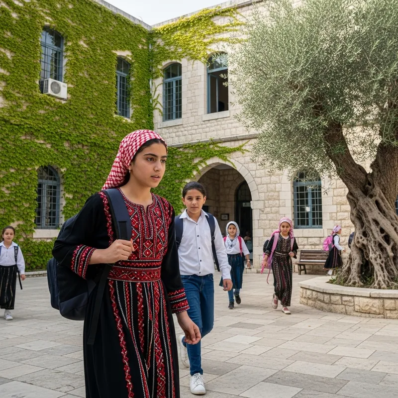 Palestinian Schoolgirl in Traditional Outfit in Palestine