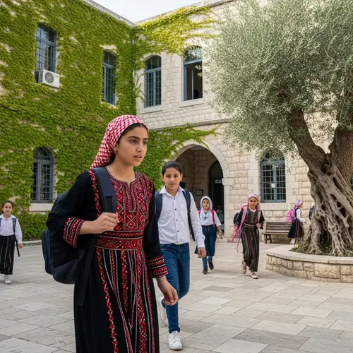Palestinian Schoolgirl in Traditional Outfit at Stone-Built School