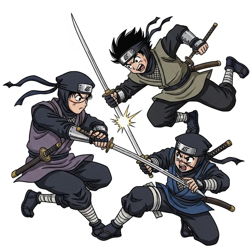 Energetic Ninja Battle Scene in Manga Art - Fast-Paced Action Energetic Ninja Battle Scene in Manga Art - Fast-Paced Action