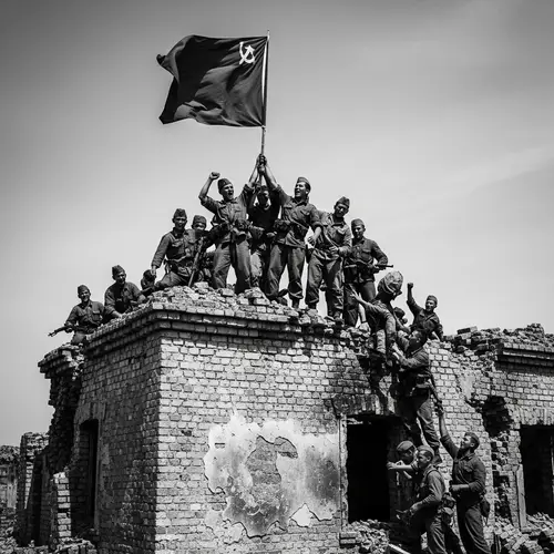 Historic Victory: Soldiers Raise Red Flag Amid Ruined Building