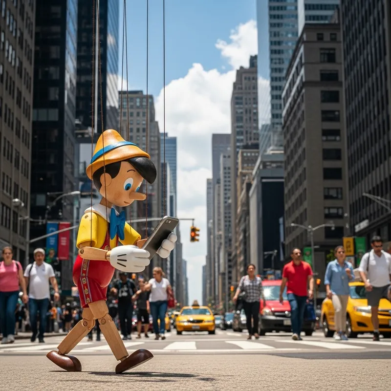 Small Wooden Marionette Exploring the City