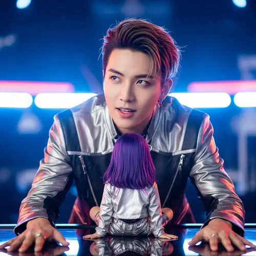 Young Male Asian Pop Star and Girl with Purple Hair at Table