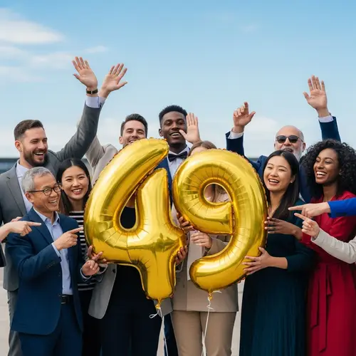 Diverse Group Celebrating with Number 49 Gold Balloon