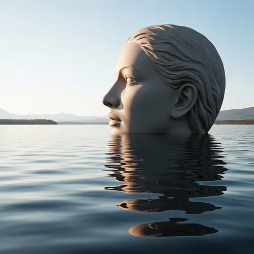 Giant Woman Head Statue Emerging from Lake