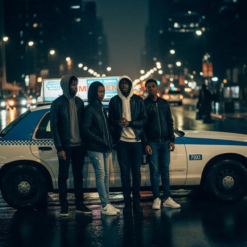Moody Urban Night: Teenage Black Kids by Taxi Cab in Rainy City Moody Urban Night: Teenage Black Kids by Taxi Cab in Rainy City