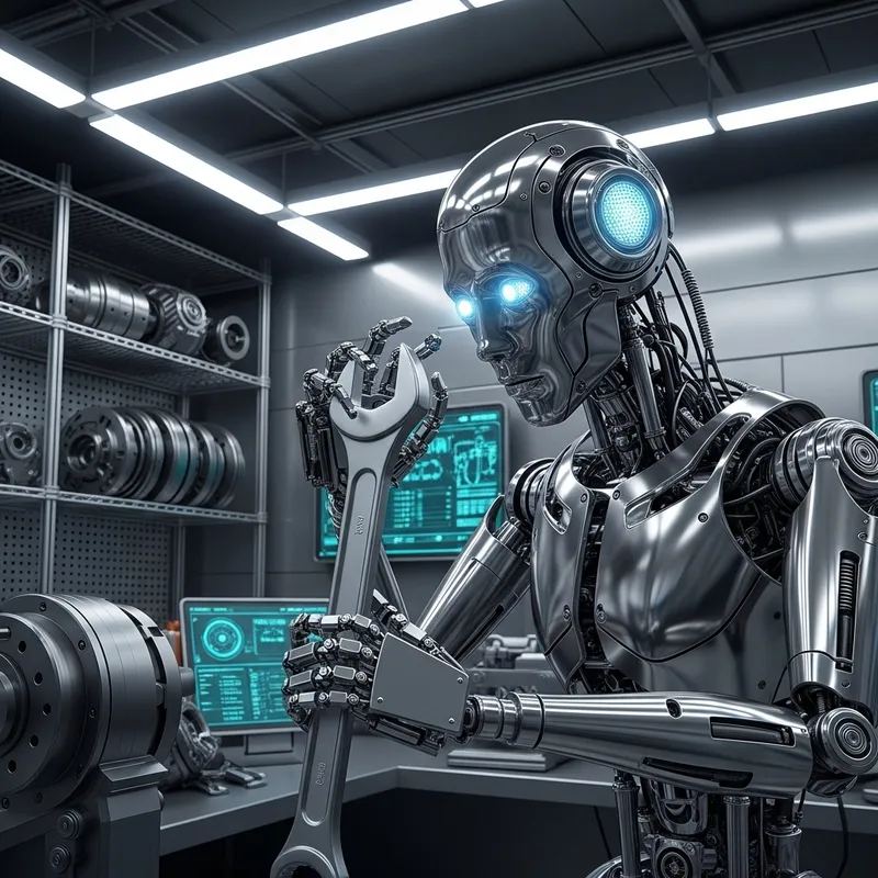 Futuristic AI Robot with LED Eyes and Wrench