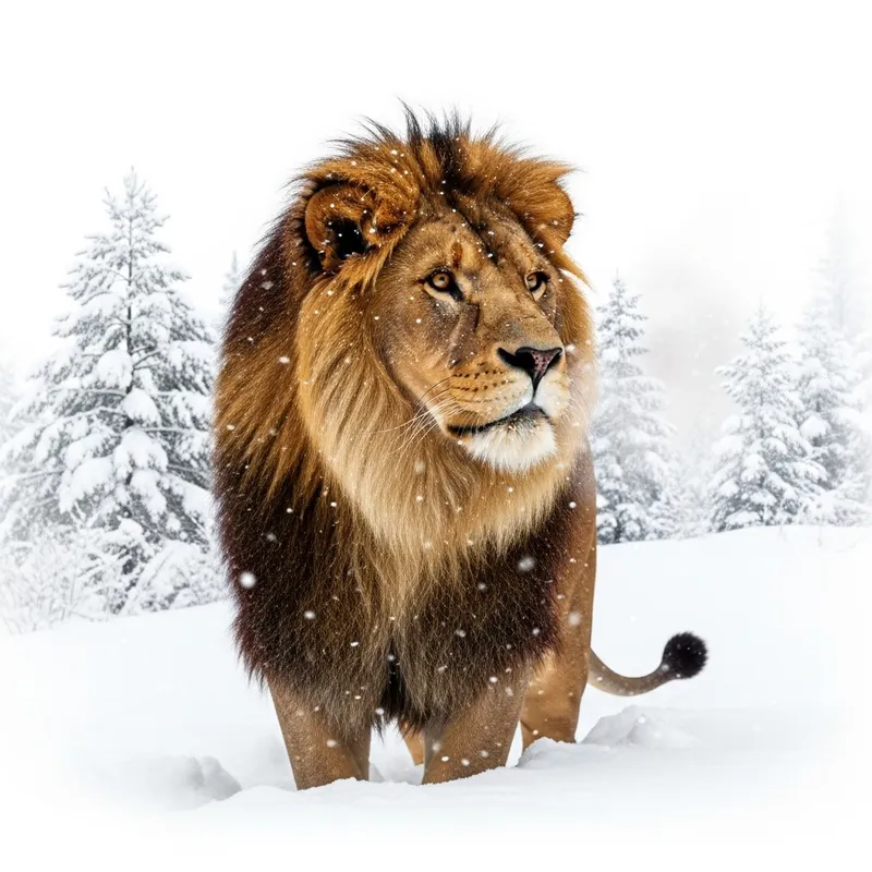 Majestic Lion in Snow: Tranquil Winter Scene