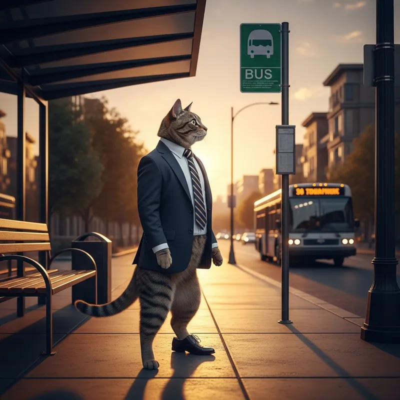 Elegant Cat in Business Suit at Urban Bus Stop Elegant Cat in Business Suit at Urban Bus Stop