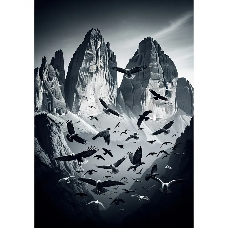 Dramatic Black and White Mountain Silhouette with Flying Birds