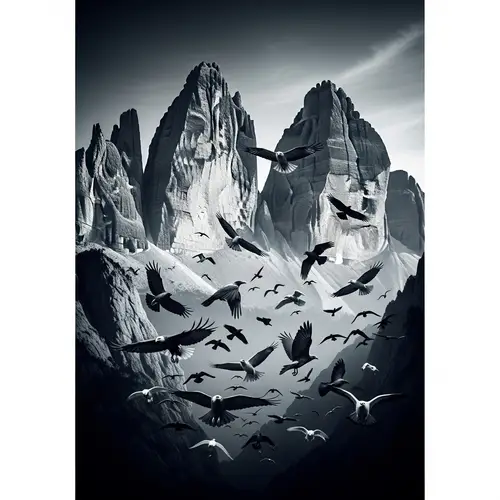 Scenic Silhouette of Large Mountains with Flock of Birds