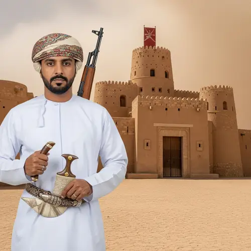 Traditional Omani Man with Dagger, Sword and Rifle at Ancient Castle