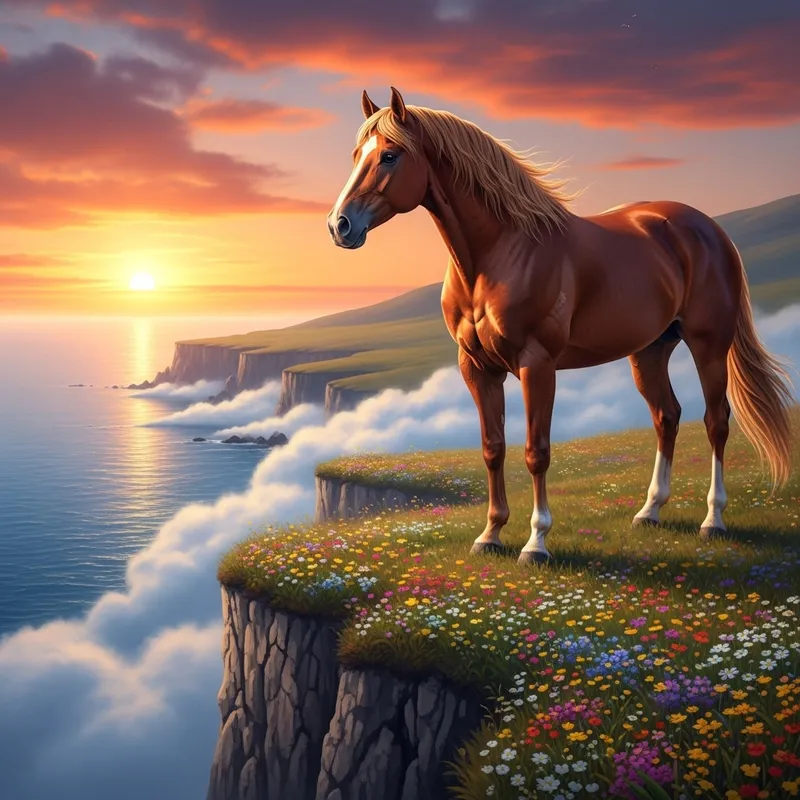 Majestic Chestnut Horse at Sunset on Cliffs | Harmony of Nature