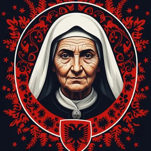 Artistic Portrait of Mother Teresa with Albanian Motifs | Compassionate Spirit
