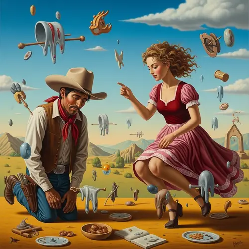 Surrealist Oil Painting of Hispanic Cowboy and European Girl