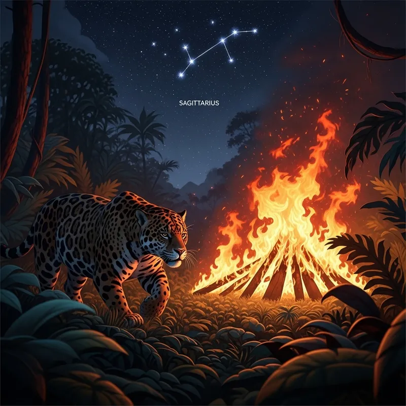 Dynamic Scene in Jungle: Muscular Jaguar, Fiery Flames & Sagittarius Constellation Dynamic Scene in Jungle: Muscular Jaguar, Fiery Flames & Sagittarius Constellation