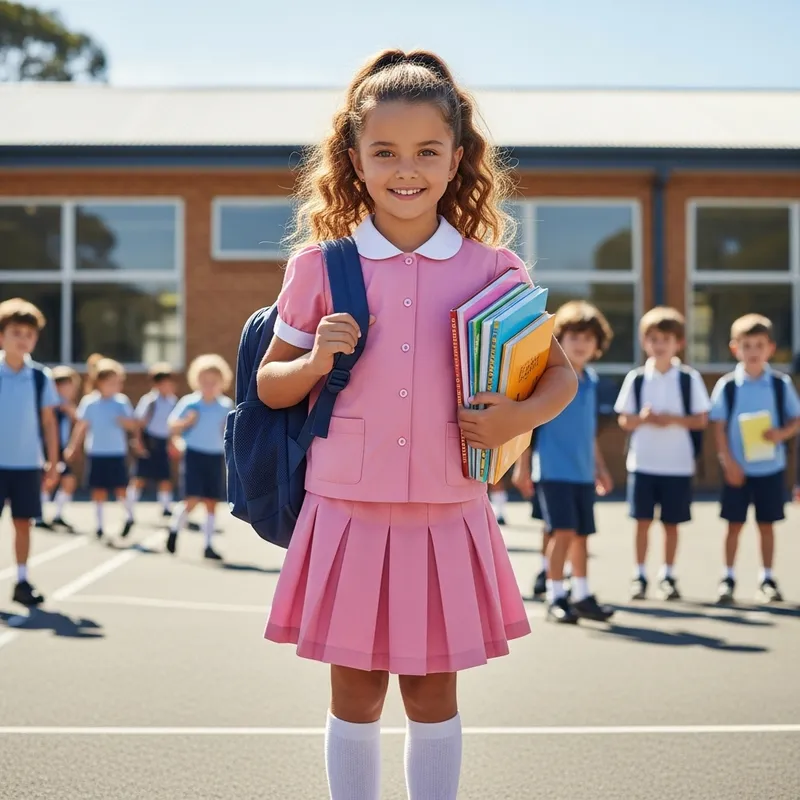 Enthusiastic Nordic Schoolgirl in Pink Uniform | Bright Schoolyard Scene Enthusiastic Nordic Schoolgirl in Pink Uniform | Bright Schoolyard Scene