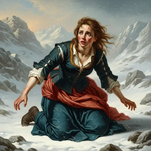 Baroque Style Portrait of a Young Woman Braving the Snow-Covered Mountains