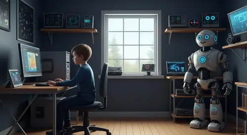 Charming Robot with a Young Tech Enthusiast