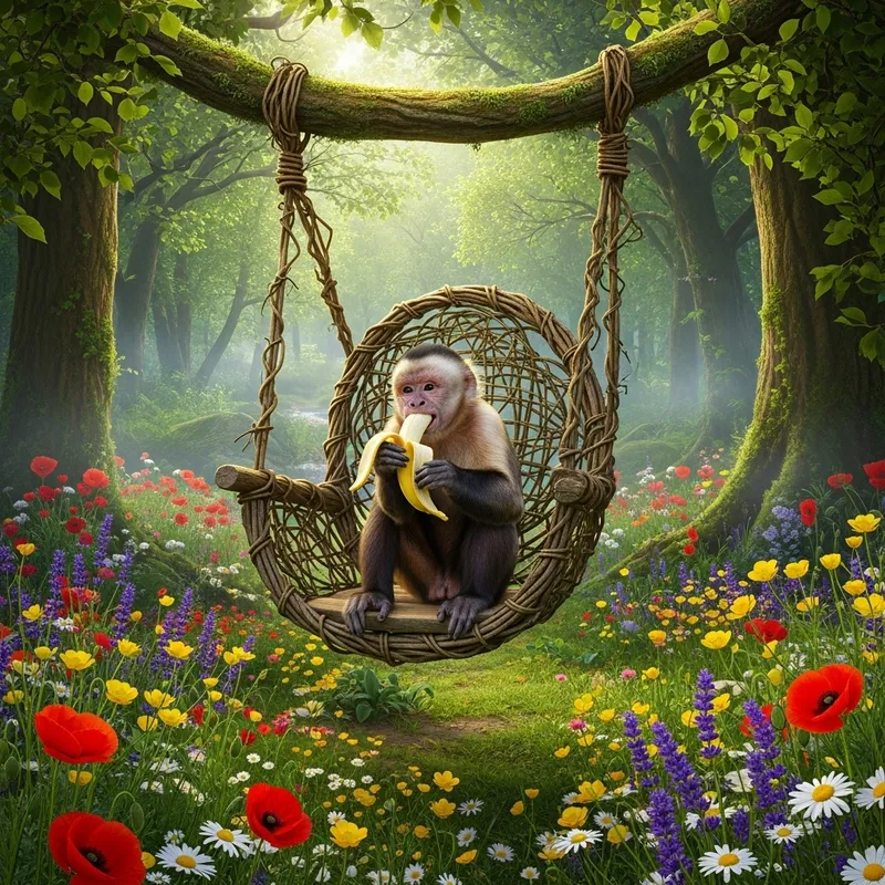Monkey on Swing Chair in Forest - Snacking on Bananas Monkey on Swing Chair in Forest - Snacking on Bananas