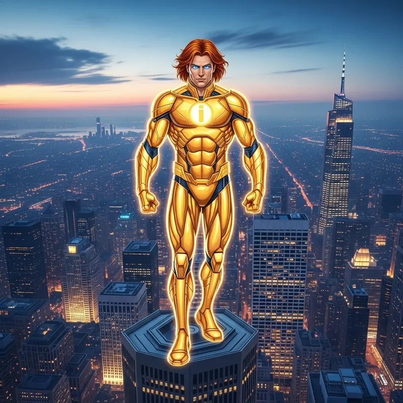 The Invincible Superhero Protecting a Bright Cityscape - A powerful superhero overlooking a bustling city