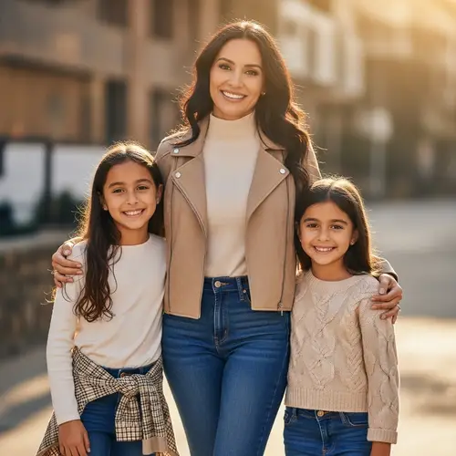 Happy Latina Woman with Daughters | Joyful Family Portrait