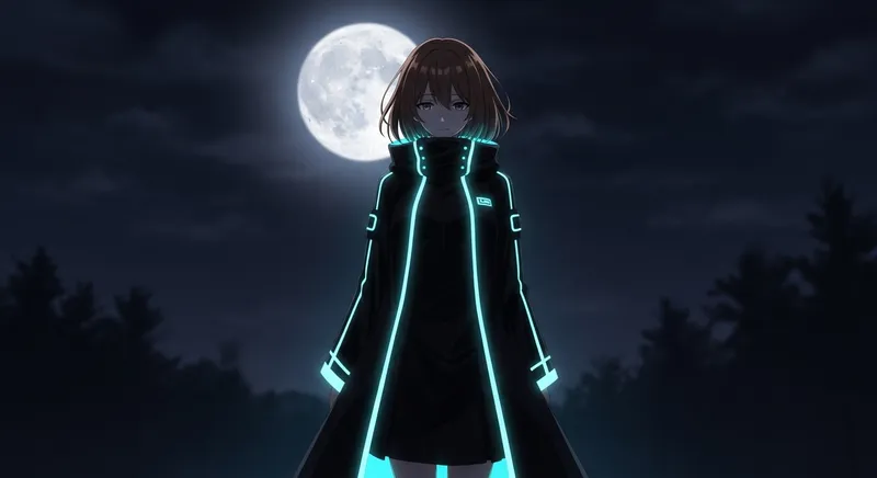 Tranquil Anime Girl in Black and Cyan Long Jacket-Coat | Moonlit Scene
