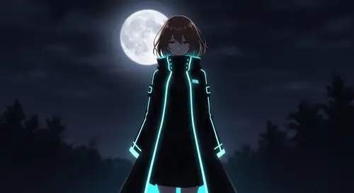 Luminous Cyan Long Jacket-Coat Anime Girl | Moonlight Scene