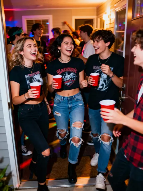 Vibrant House Party Entrance with Friends