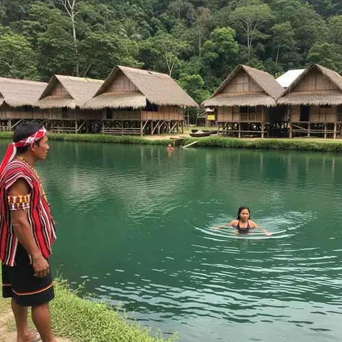 Authentic Encounter: Indigenous Man Watching Native Lady Swim in Philippine Village