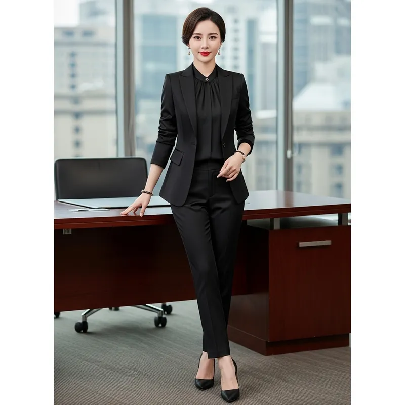 Elegant Professional Female in High Heels & Black Silk Suit