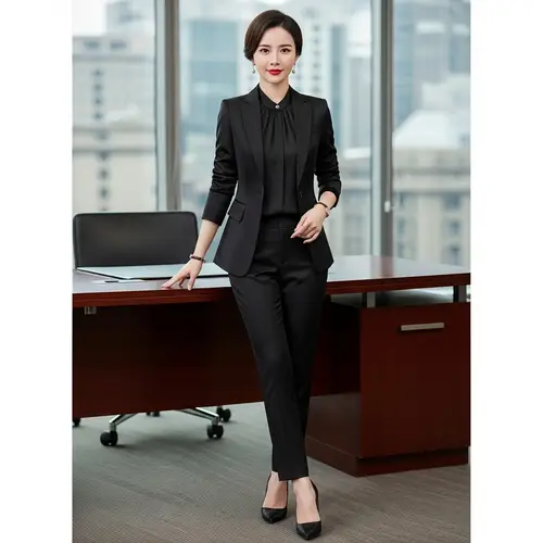 Elegant Professional Female in Black Silk Suit & High Heels