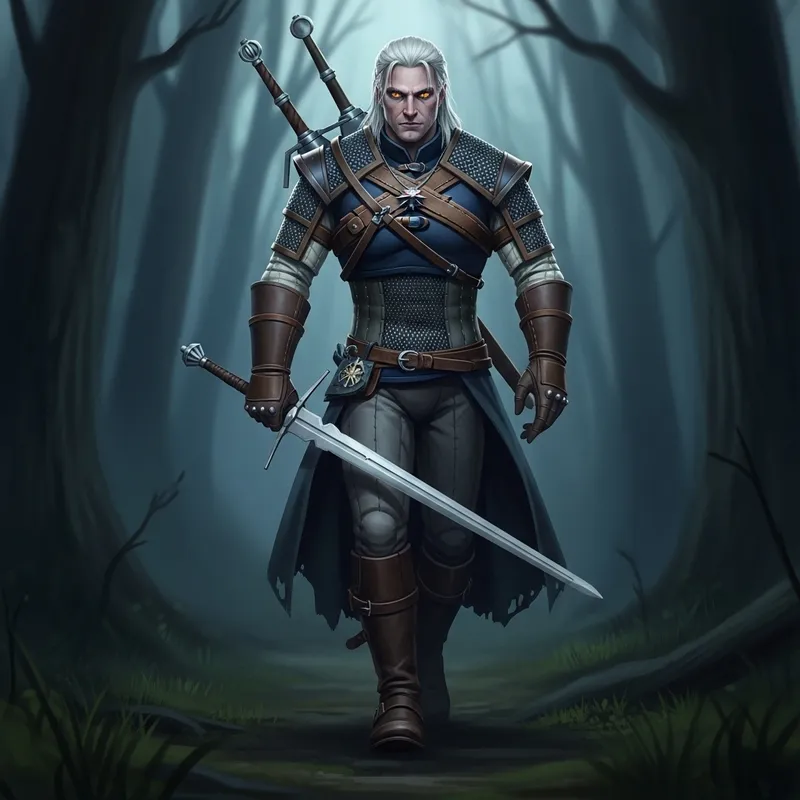 The Witcher in Dark Forest - Illustration of Legendary Monster Hunter