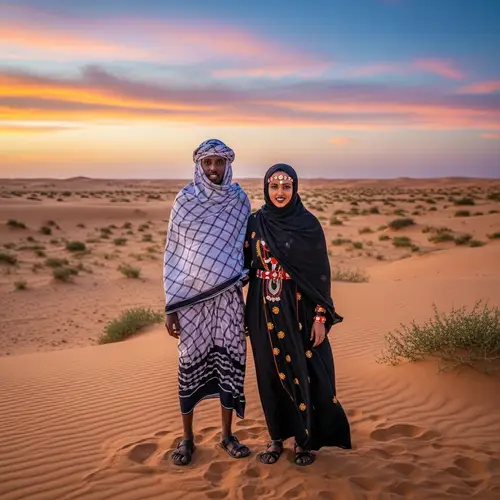 Somali Man and Woman in Traditional Attire Embracing the Desert