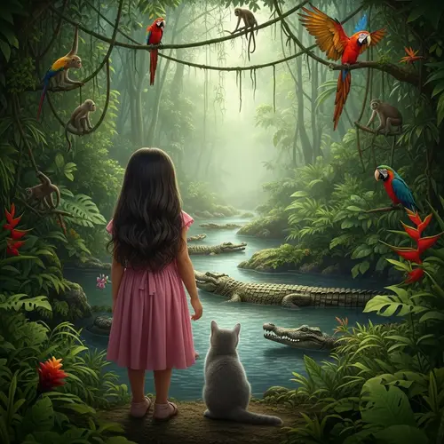 12-Year-Old Girl and British Cat in Real Jungle with Crocodiles