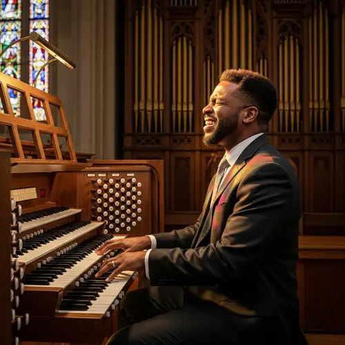 Passionate Black Church Musician Playing Organ