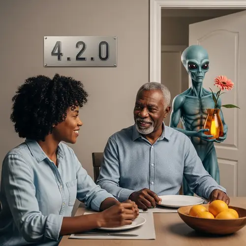Realistic Scene: 60-Year-Old Man & 40-Year-Old Daughter Encounter Alien