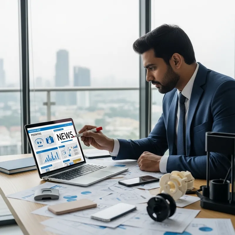 Indian Businessman Studying News Projects in Urban News Office