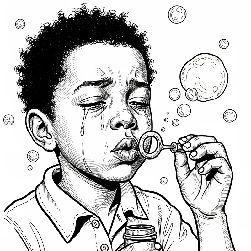 Surreal Black and White Child Blowing Bubbles: Ink Sketch Illustration Surreal Black and White Child Blowing Bubbles: Ink Sketch Illustration