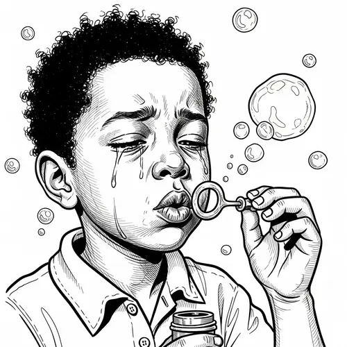 Diverse Child Blowing Bubbles: Monochrome Illustration